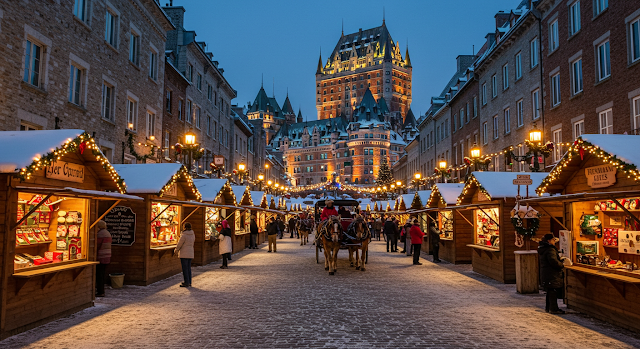 Visit Quebec City’s German Christmas Market, where cobblestone streets, festive lights, and horse-drawn carriages create a fairy-tale atmosphere during the holidays