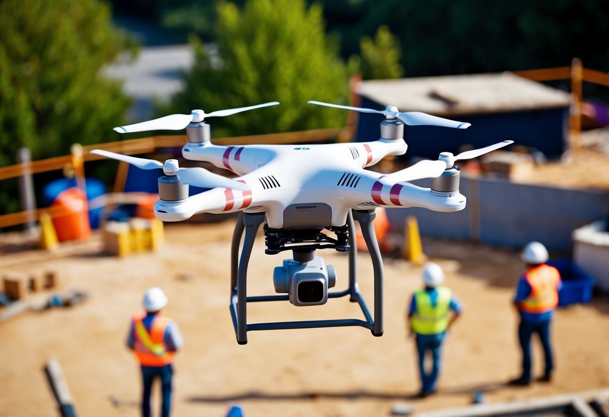 A drone hovers over a construction site, inspecting safety measures. The drone's camera captures workers and equipment below