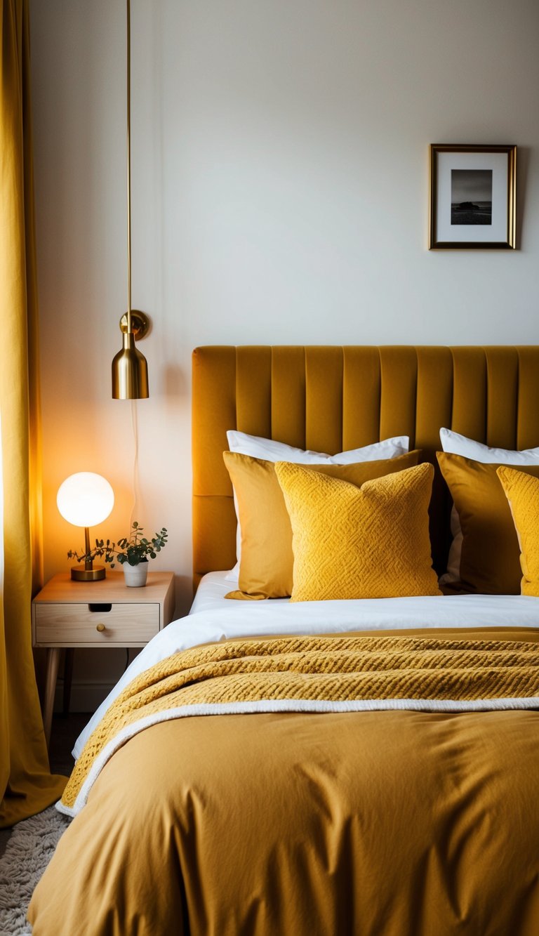 A cozy bedroom with a mustard duvet cover, adorned with yellow accents and warm lighting