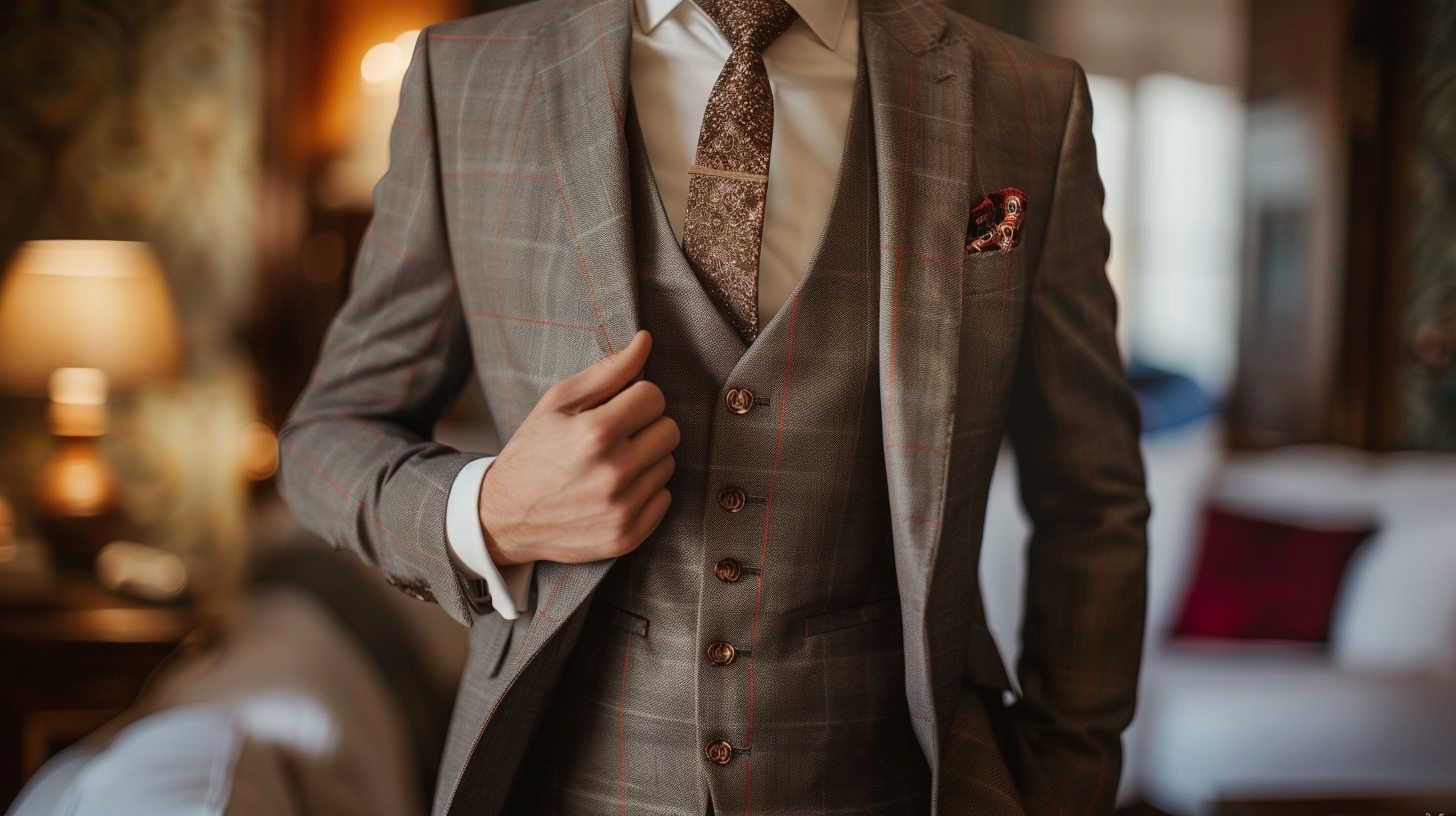 Man in a three-piece suit with vest, tailored fit, dressed for an evening wedding, refined accessories like a pocket square and cufflinks, soft indoor lighting.