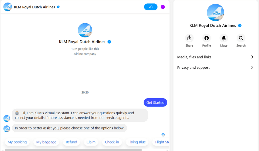 KLM messenger chatbot example