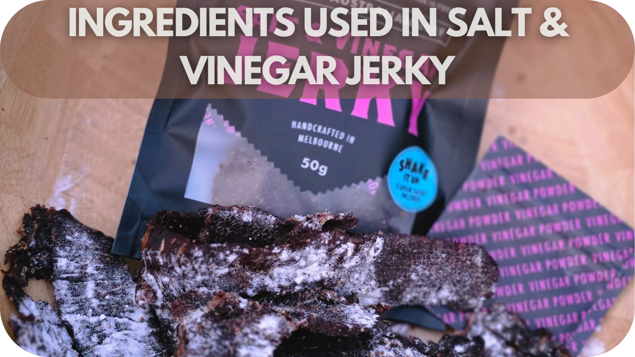 Simple, high-quality ingredients like beef, vinegar, and seasonings for a tangy, flavorful jerky.