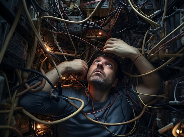 Person with anxiety induced by cables or wires