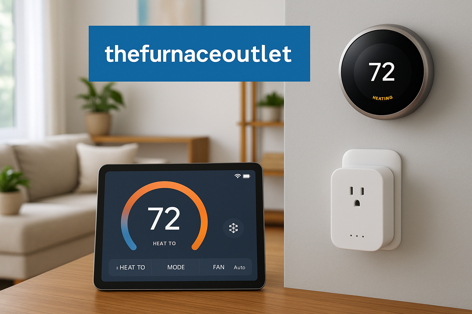 A high-resolution digital photograph showcases smart HVAC controls including a wall-mounted smart thermostat, a tablet displaying real-time temperature settings, and a smart plug, all within a modern living room interior, branded with The Furnace Outlet log