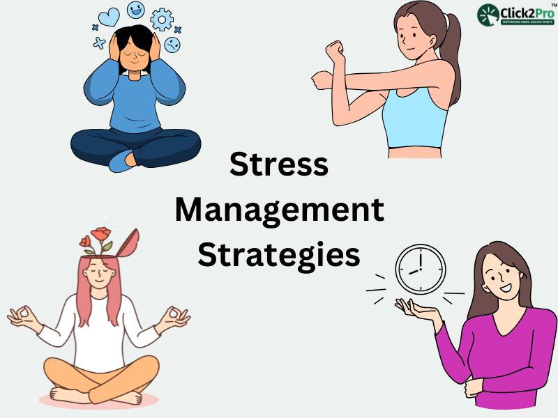 Illustration showing stress management strategies like mindfulness, exercise, time management, and meditation.