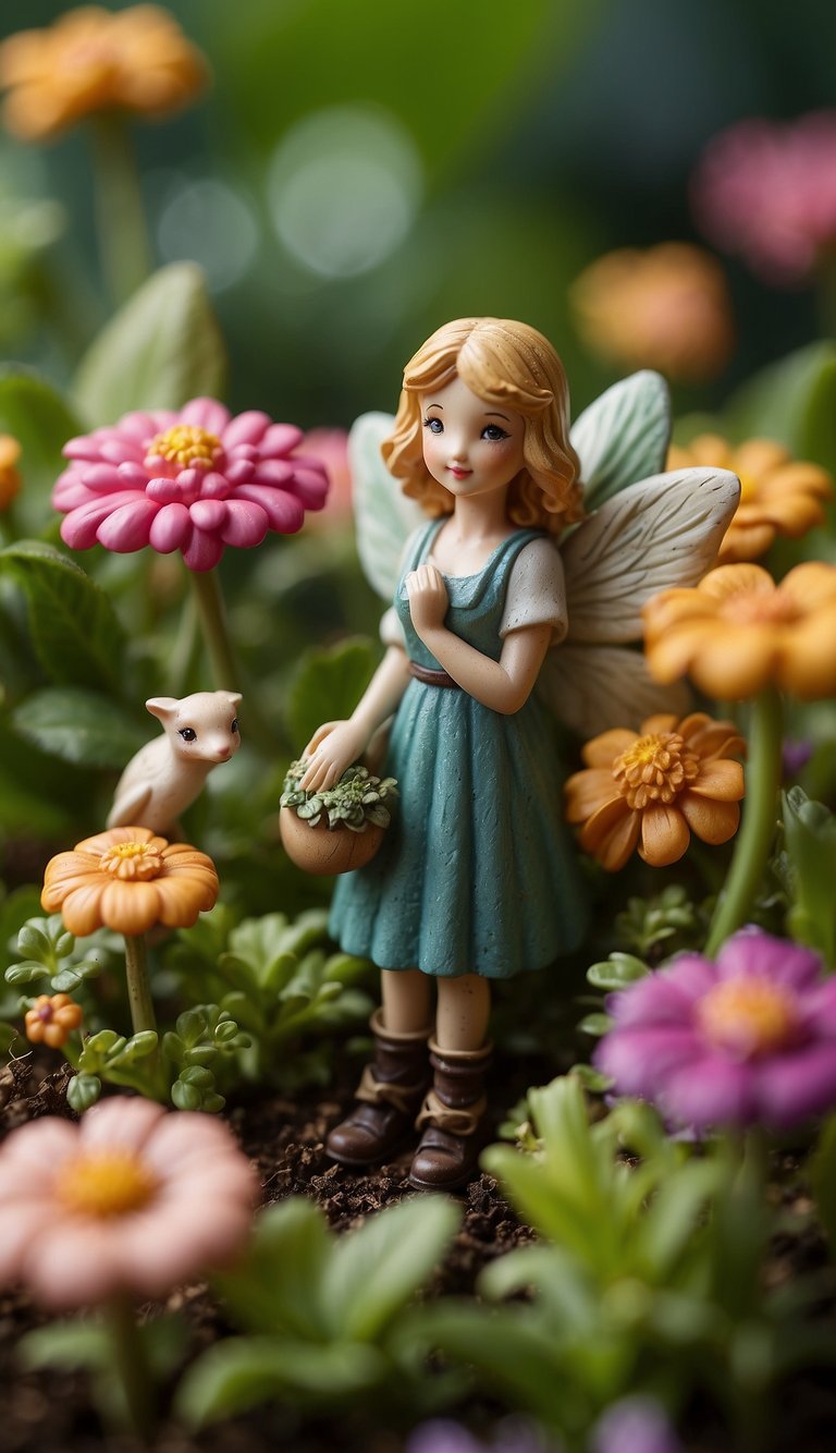 A cluster of tiny fairy figurines nestled among vibrant flowers and lush greenery in a whimsical backyard garden