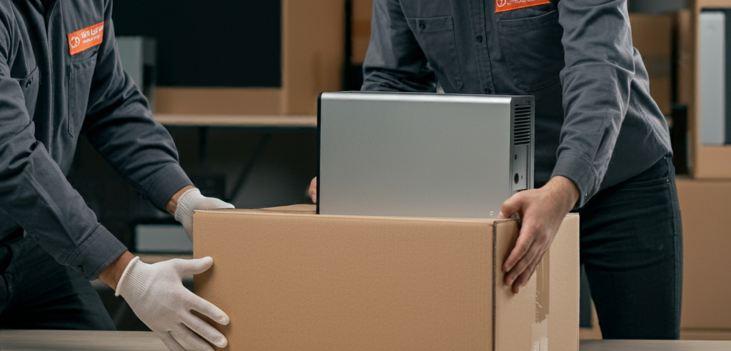 Delivery person carefully handling a package labeled as fragile.