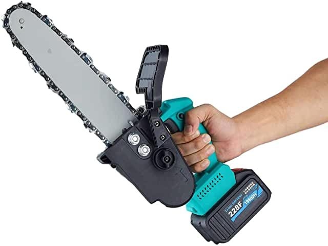 A hand holding blue electric pruning saw. It is one of the types of pruning tools