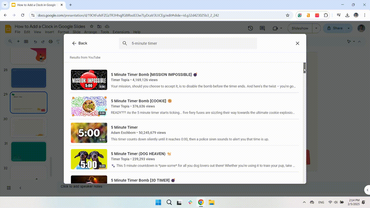 Adding a 5-minute timer in Google Slides