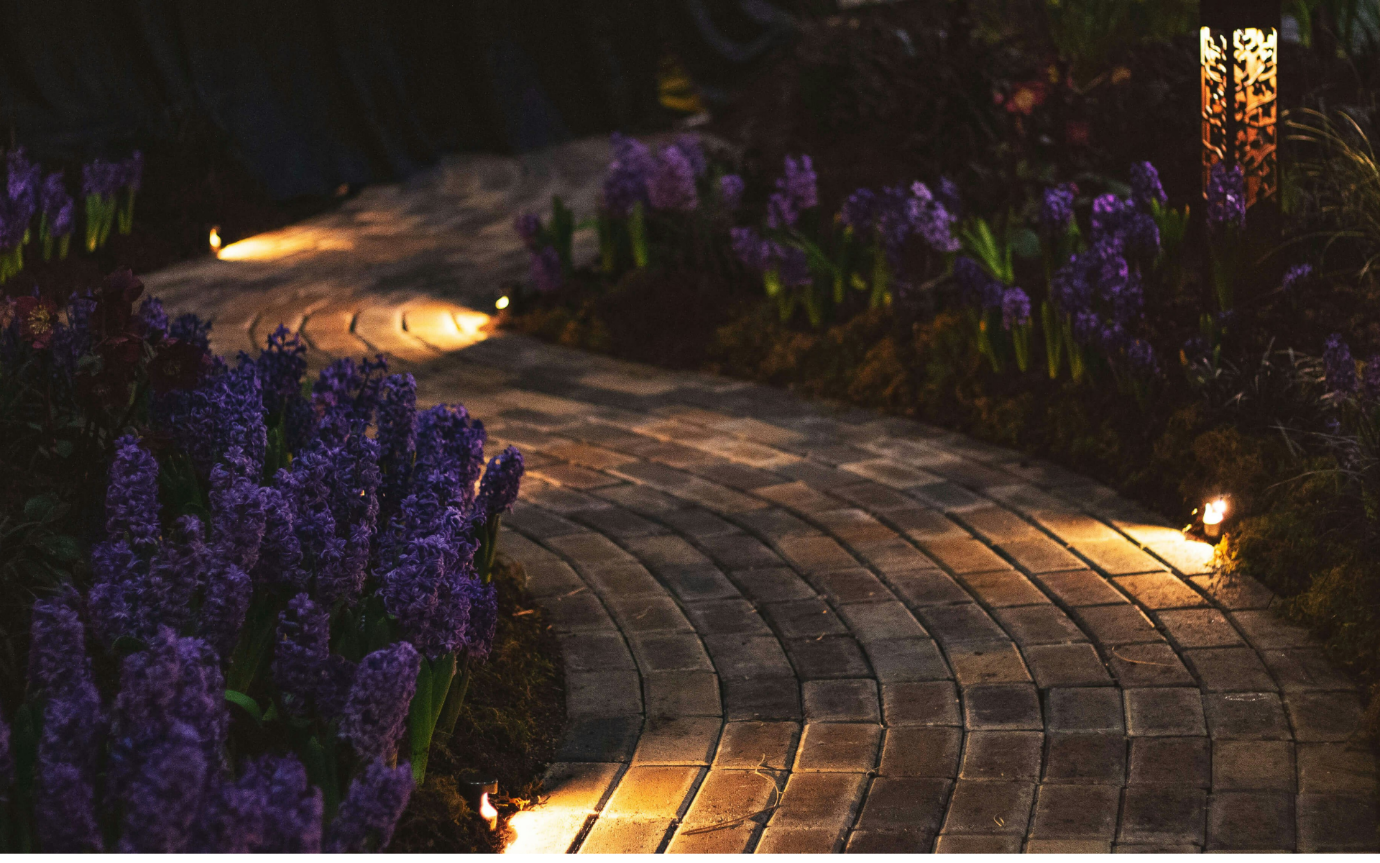 A brick walkway with purple flowersAI-generated content may be incorrect.