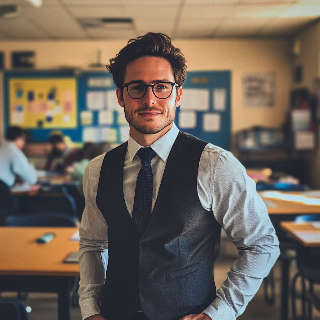 Young male teacher in a classroom | Source: Midjourney