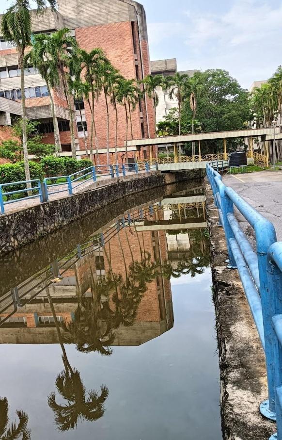 A water channel with a blue railing and a building reflected in it

Description automatically generated