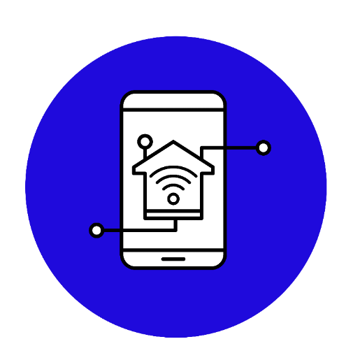 Icon for Remote Smart Home control –a smart phone screen display with a  line drawing of a house with lines extending out for different areas of the house