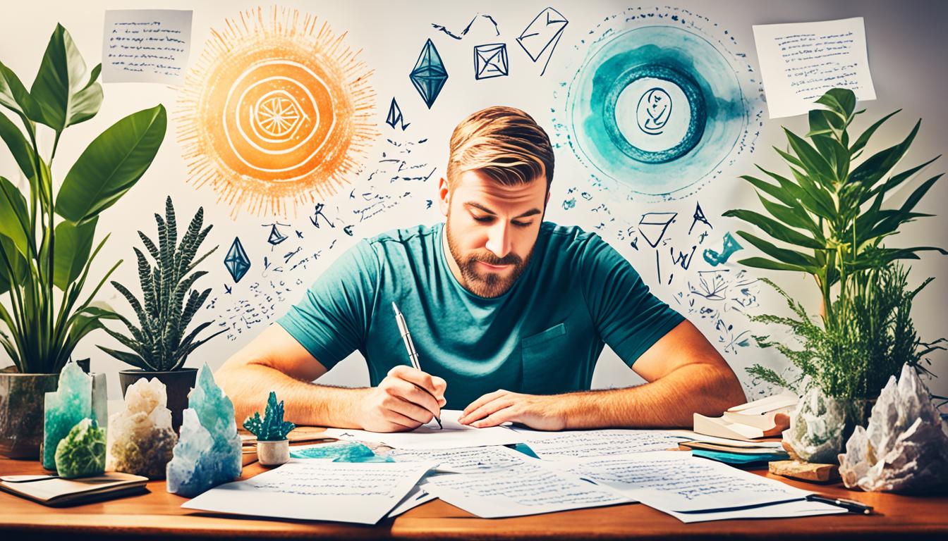 An image of a person sitting at a desk, holding a pen and paper. The person is deep in thought, with a look of determination on their face. On the paper in front of them, there is a handwritten letter, filled with positive affirmations and intentions. Surrounding the person are symbols of manifestation, such as crystals, candles, and plants. In the background, there is a glowing light, representing the power of manifestation and the universe's willingness to help bring these intentions to reality.