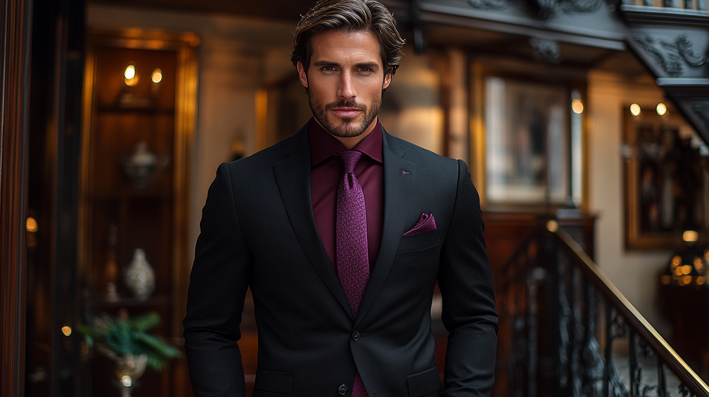 A man wearing black suit with a red shirt and a purple tie, creating a sophisticated and formal vibe, displayed in an elegant setting.