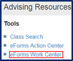 "eForms Work Center" tab emphasized with red box highlight.