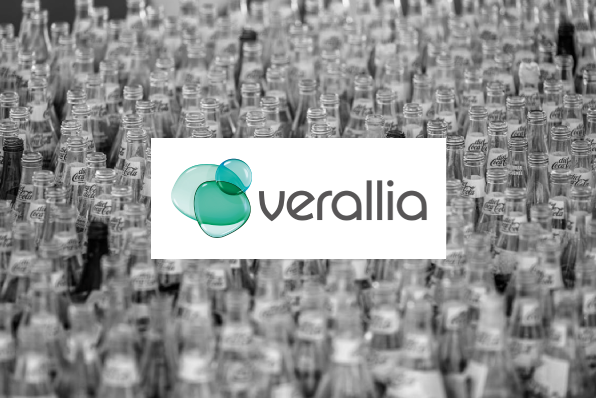 Glass bottles background featuring the Verallia company name and logo, highlighting the leading glass packaging manufacturer in Europe.