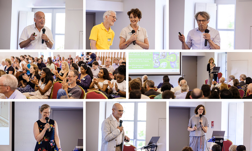 Photo collage of EMBL alumni, partners and former leadership, giving speeches in honor of its anniversary. 
