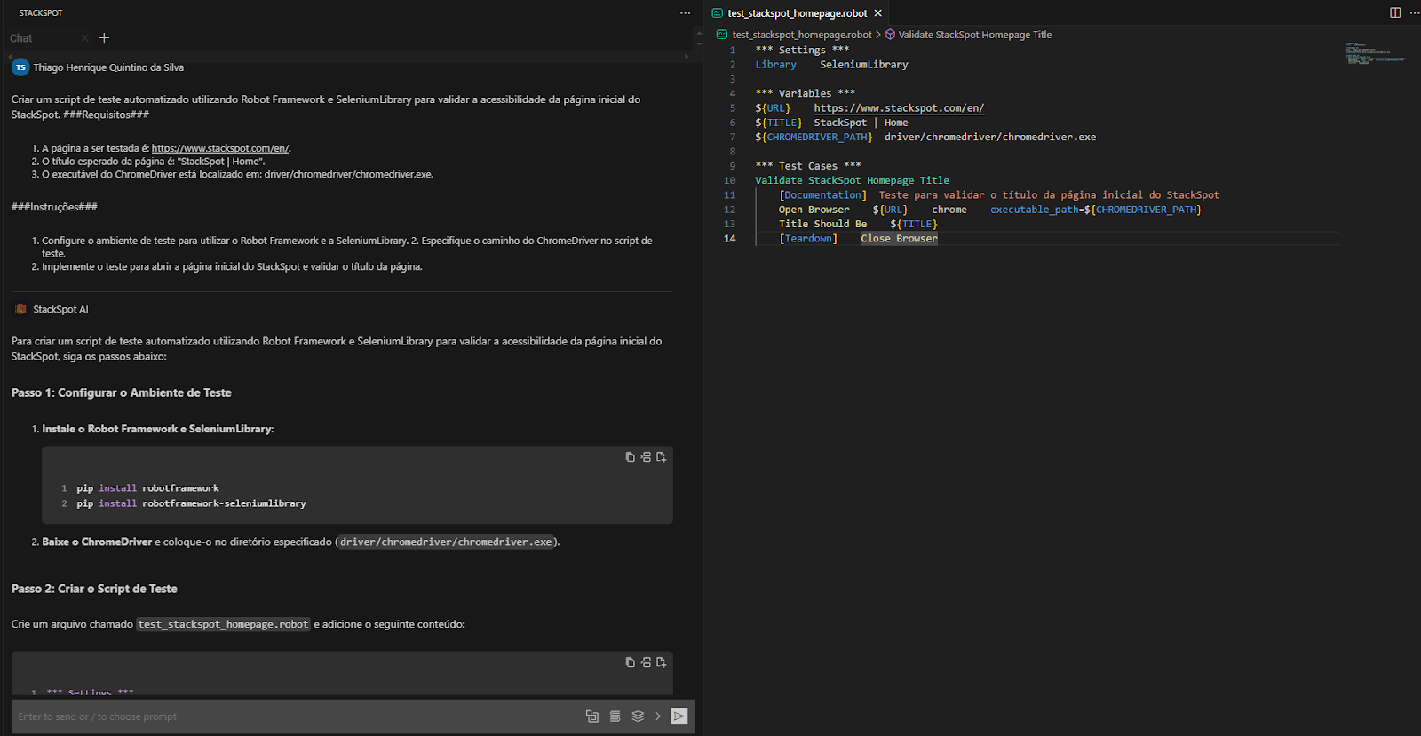 Do lado esquerdo da foto temos parte do trecho da IDE Vs Code com a resposta do prompt e do lado direito o código da implementação do teste “Validate Stackspot HomePage Title”.