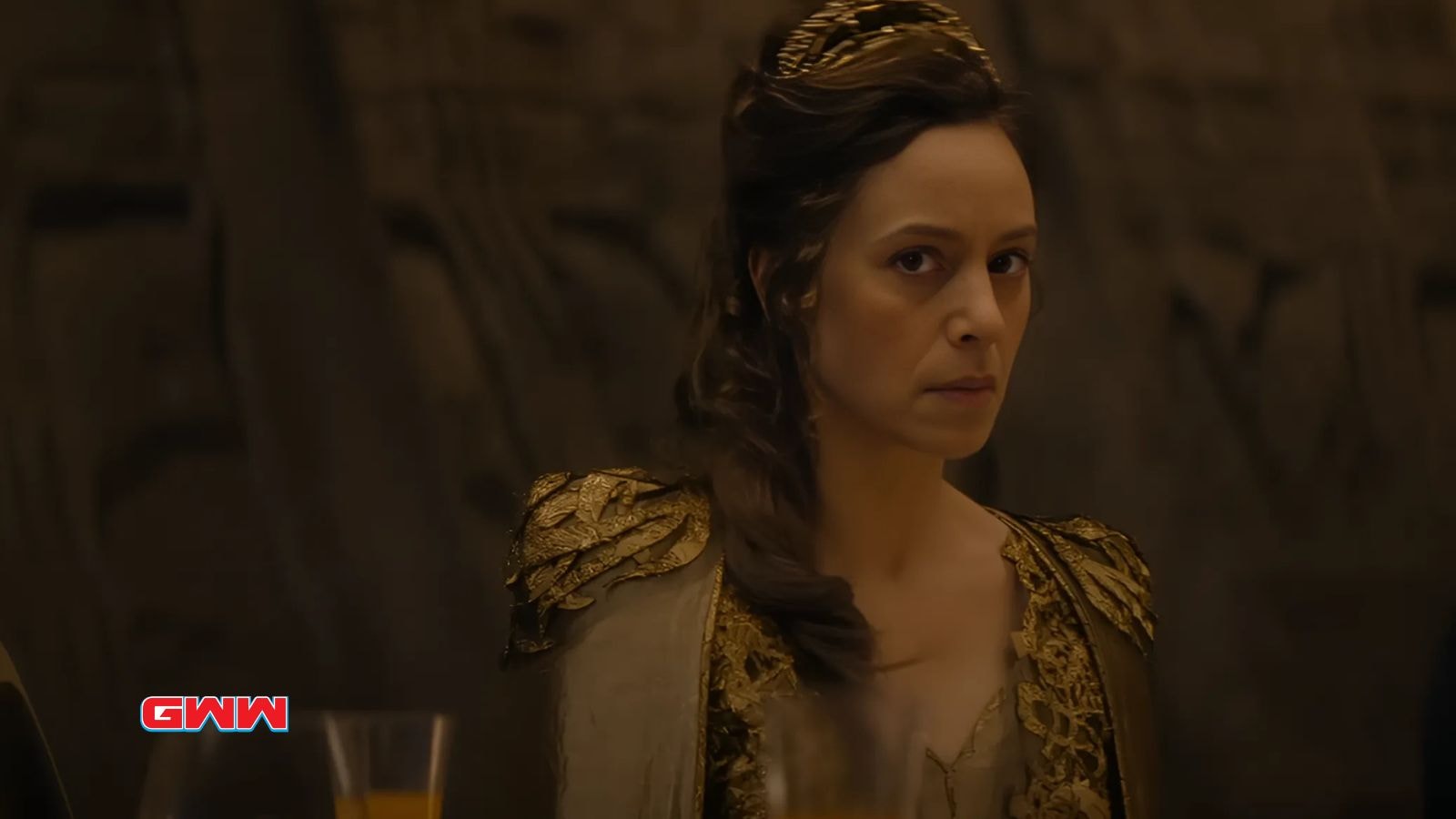 Rebecca Ferguson in golden robes, portraying a key moment from Dune Prophecy