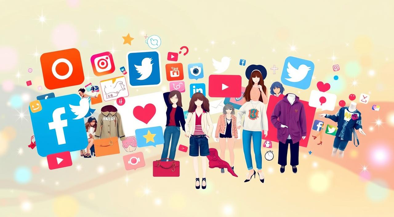 A vibrant collage of popular social media icons integrated with elements of fashion, featuring stylish clothing items, accessories, and beauty products, set against a dynamic background that represents digital engagement, such as sparkling lights and abstract shapes, capturing the essence of online influence and fashion trends.