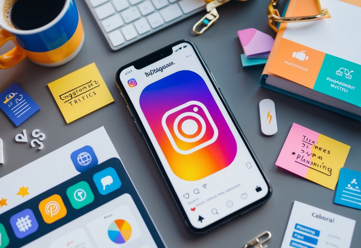 Um smartphone com o aplicativo do Instagram aberto, cercado por várias ferramentas e estratégias para aumentar a visibilidade, como hashtags, táticas de engajamento e planejamento de conteúdo.