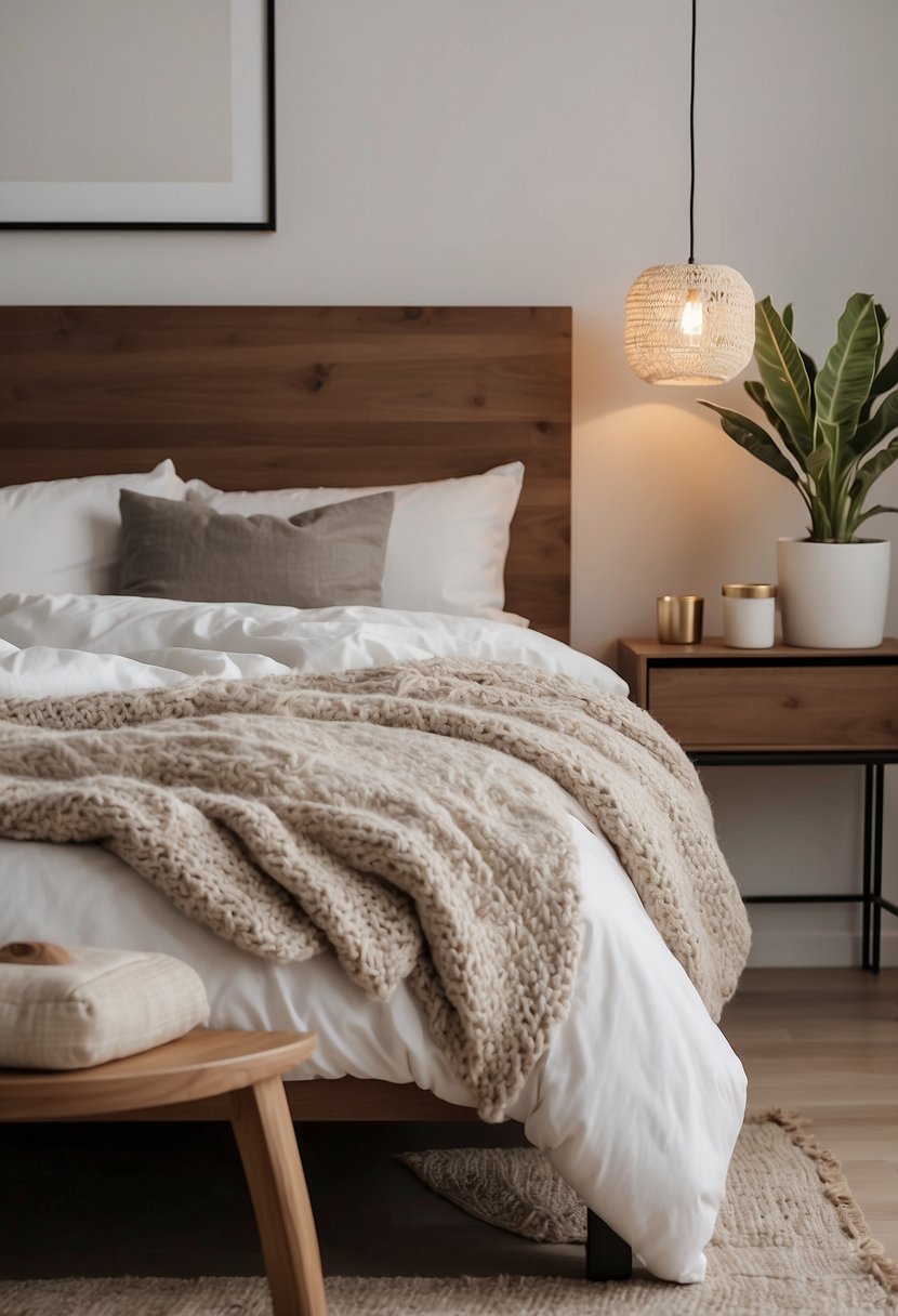 A cozy bedroom with minimalist furniture, neutral colors, and natural materials. A large, fluffy bed with crisp white linens and a knitted throw. A simple, modern nightstand with a small potted plant