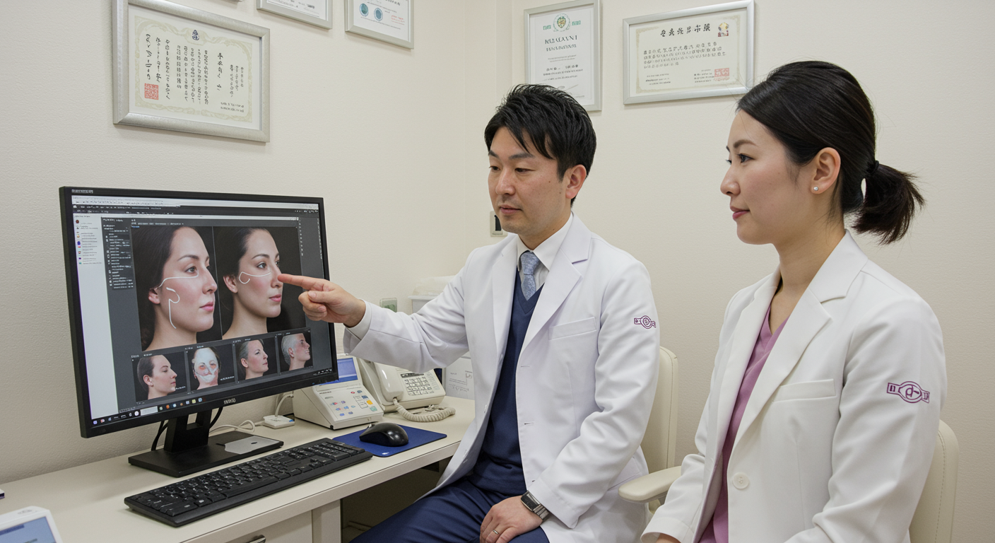 医師が患者に鼻整形のシミュレーション結果を説明している様子