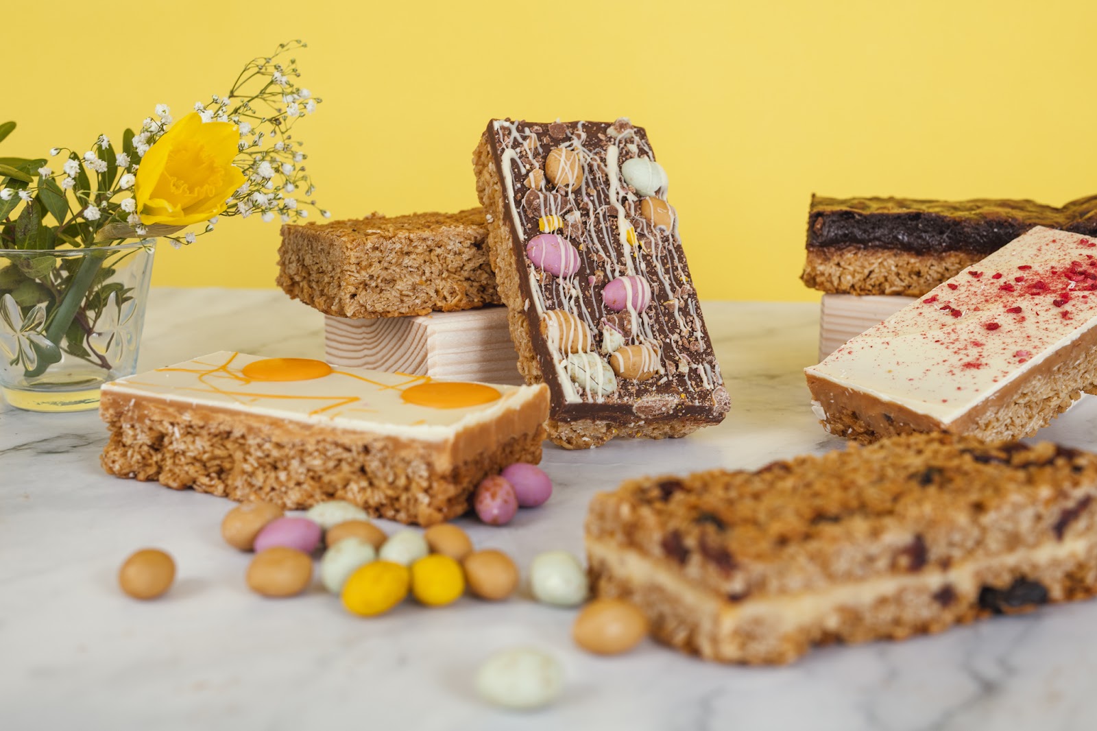 easter themed flapjacks with a yellow background
