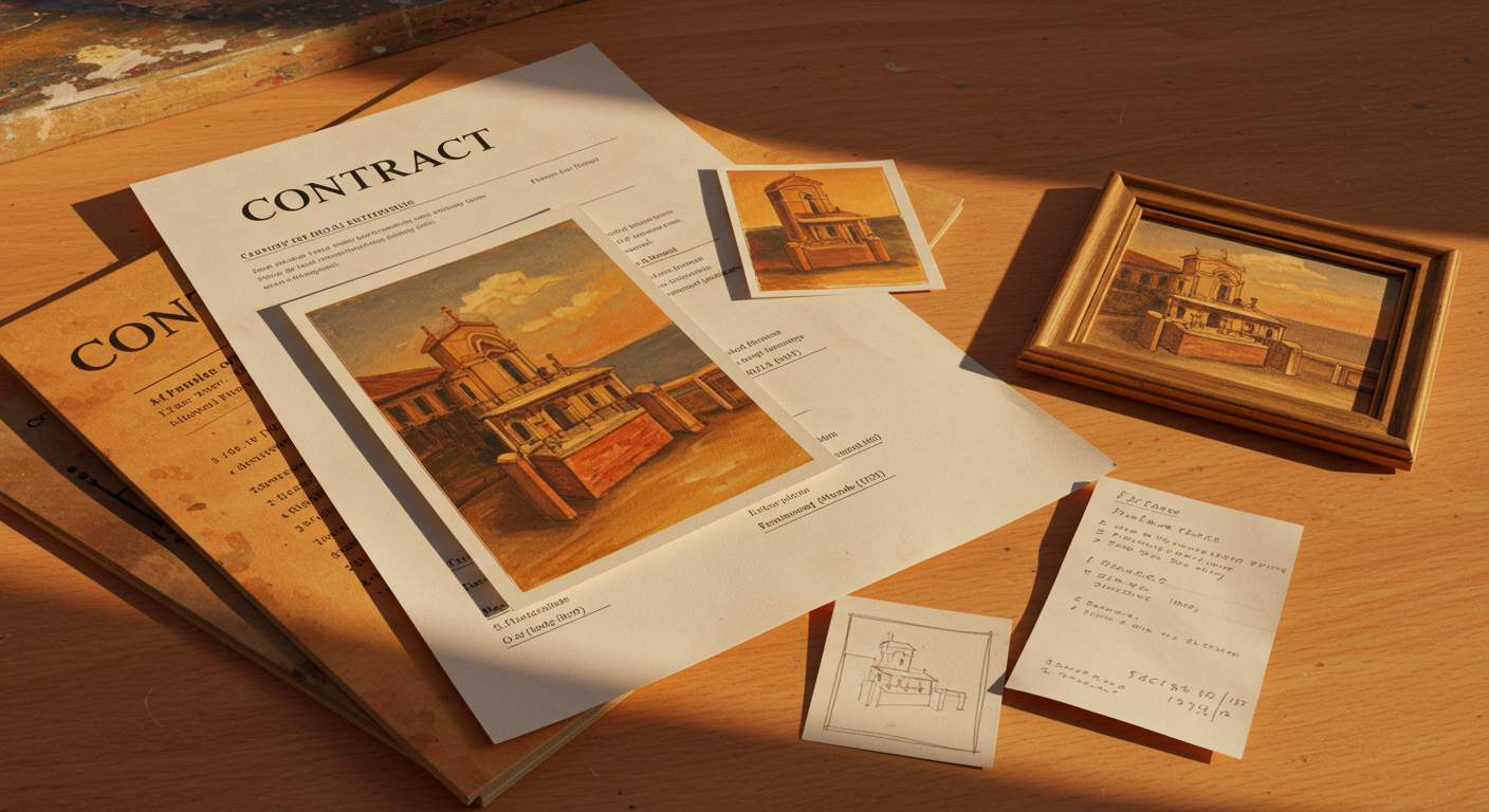 Painting and a set of documents for art export paperwork
