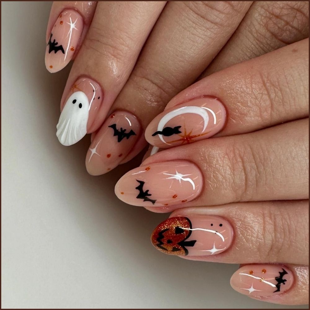 Close up of nails with spooky nails having Haunting Bat Ghost Design