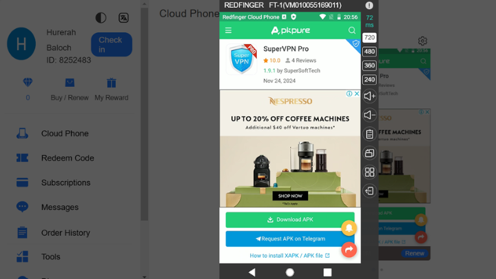 Image of APKPure’s page to download SuperVPN mod APK On Redfinger’s cloud emulator 