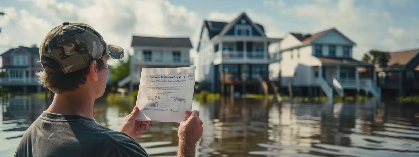 a homeowner holding a flood elevation certificate with a coastal background.