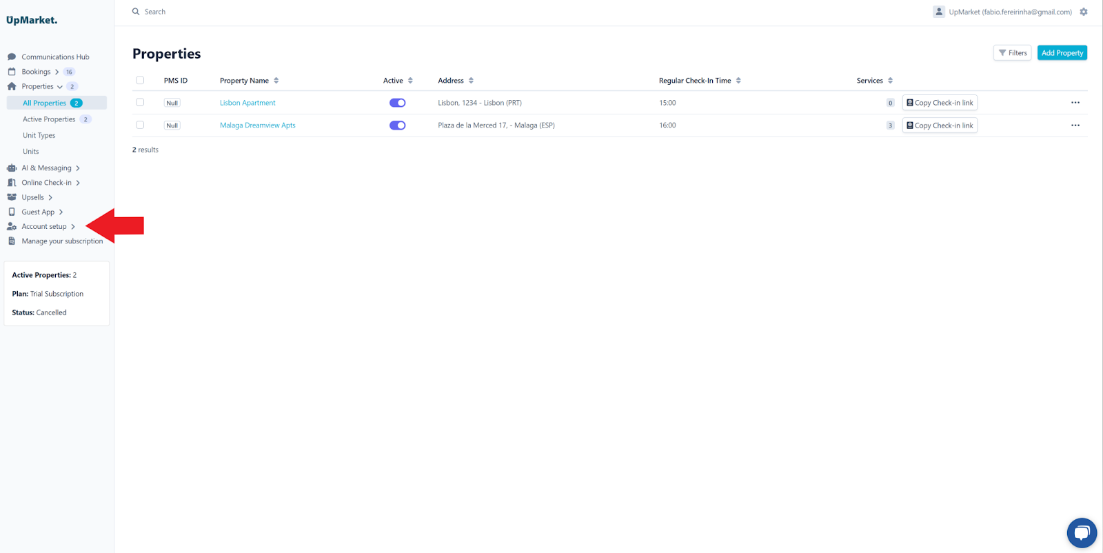 Selecting "Account Setup" menu