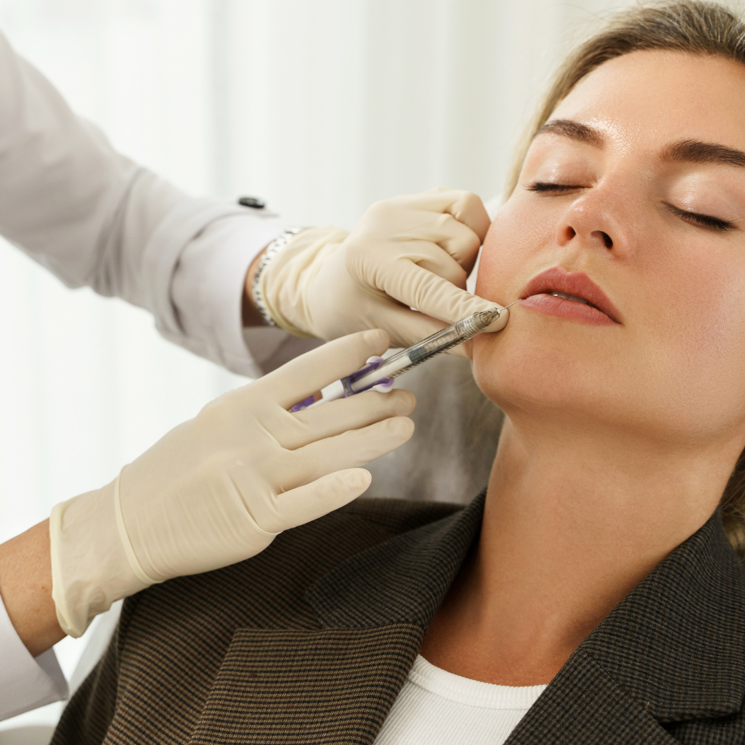 Woman lying back on a treatment bed while a professional performs a facial procedure, highlighting a serene and rejuvenating skincare experience