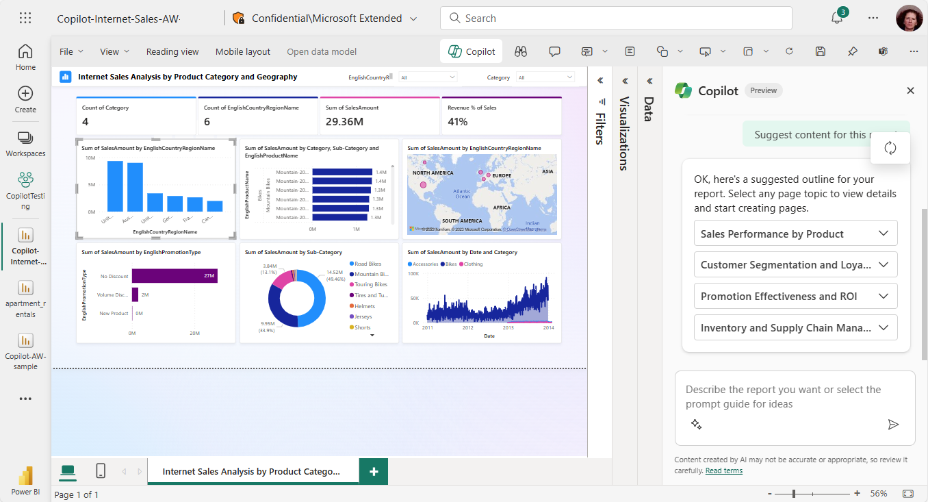 Screenshot showing Copilot suggested report page.