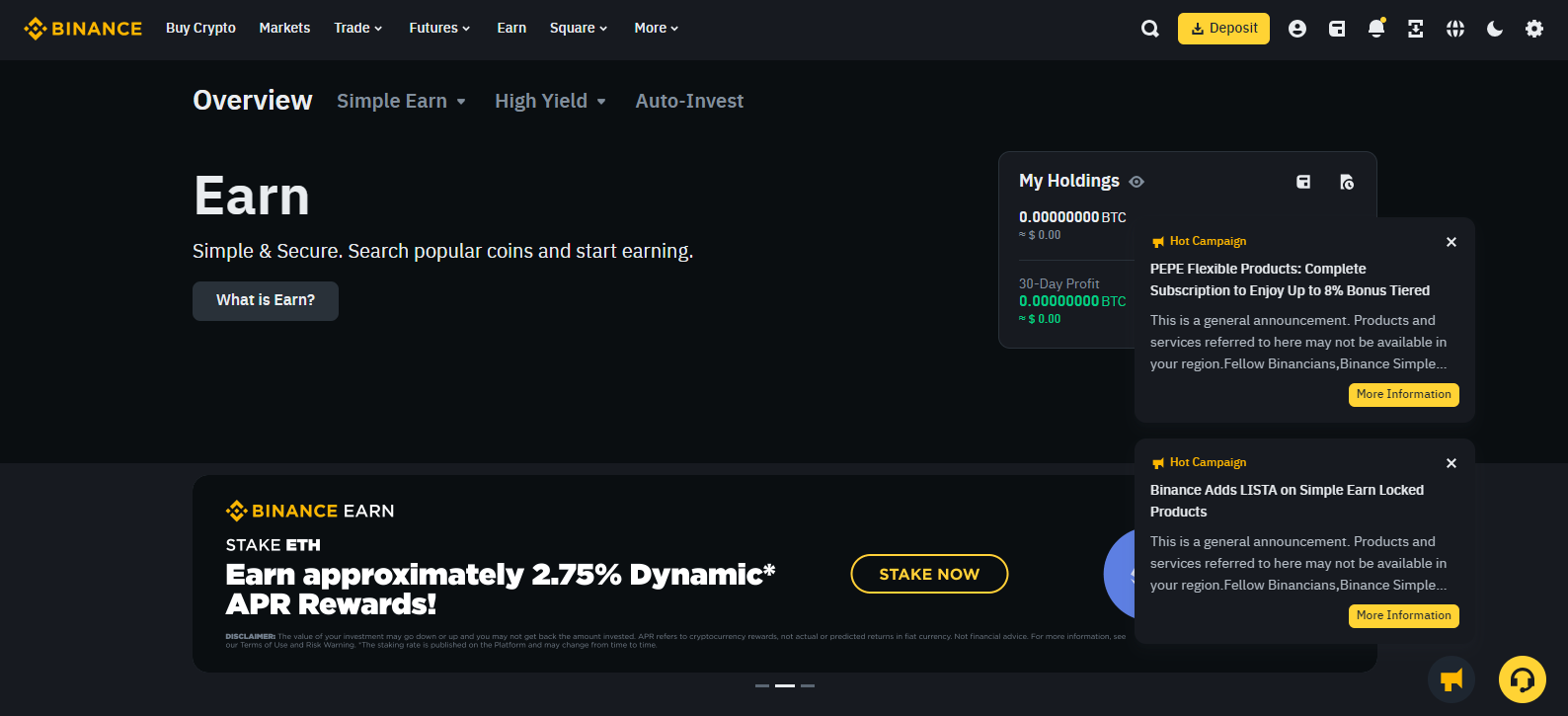 Binance crypto staking platform overview showing user interface, staking options, and campaign promotions.