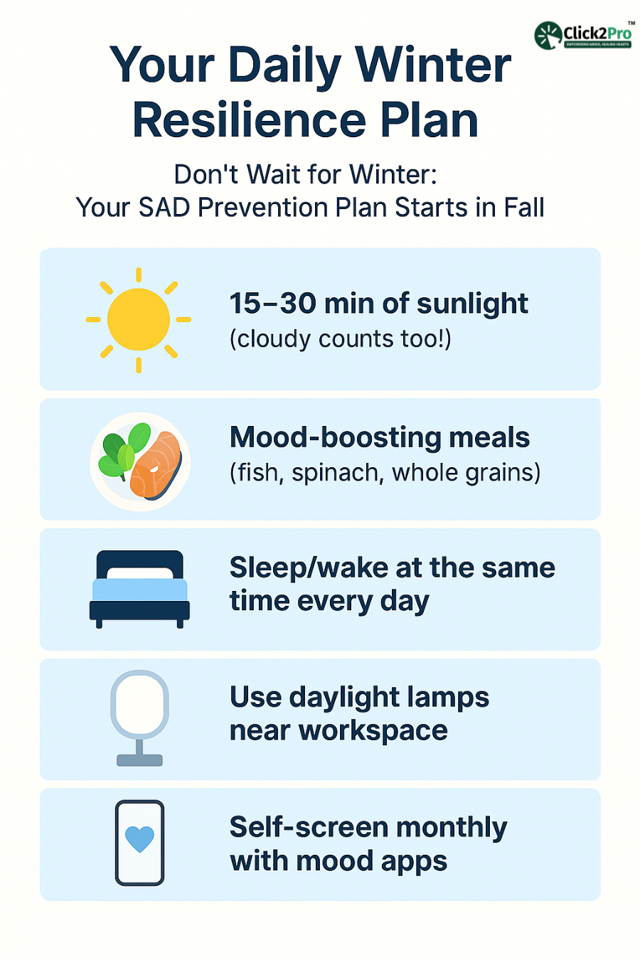Checklist for SAD prevention: sunlight, diet, sleep, daylight lamps, and mood tracking apps