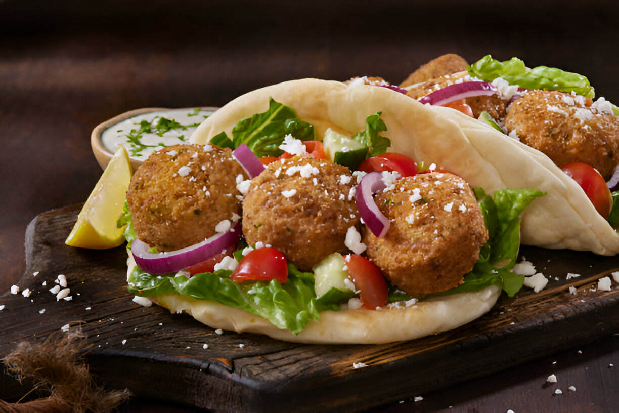 Roti pita yang diisi dengan falafel, sayuran segar dan acar.