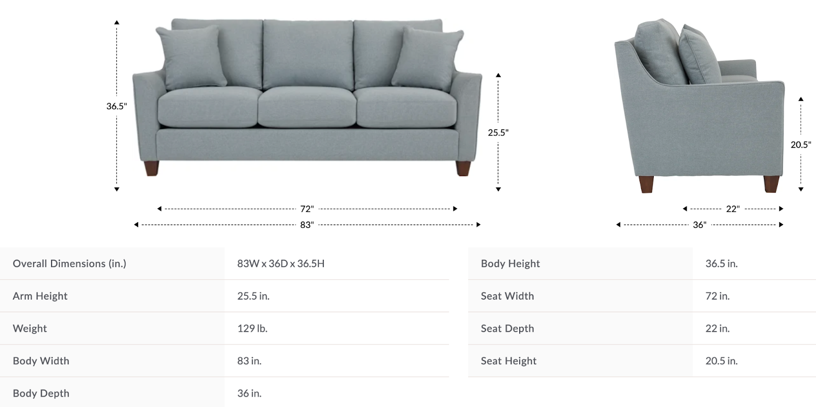 noah sofa size and dimensions