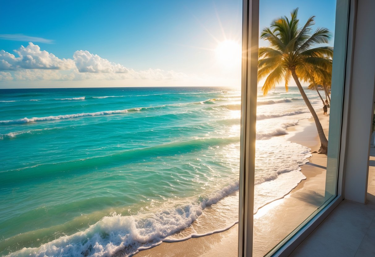 A sunny Florida beach with clear blue sky, palm trees, and ocean waves viewed through a large glass window that reduces glare.