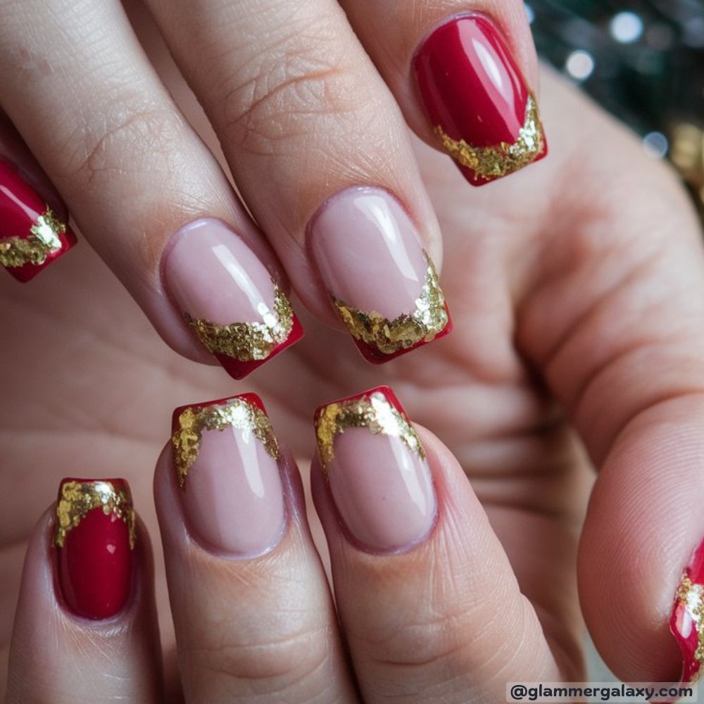 French Tip Christmas Nails having Luxurious Red and Gold