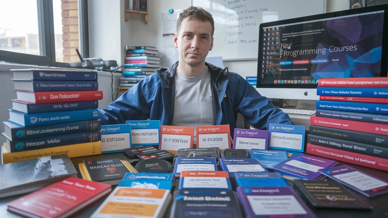 A developer with certification badges and a screen of new courses, highlighting the importance of continuous learning in programming.