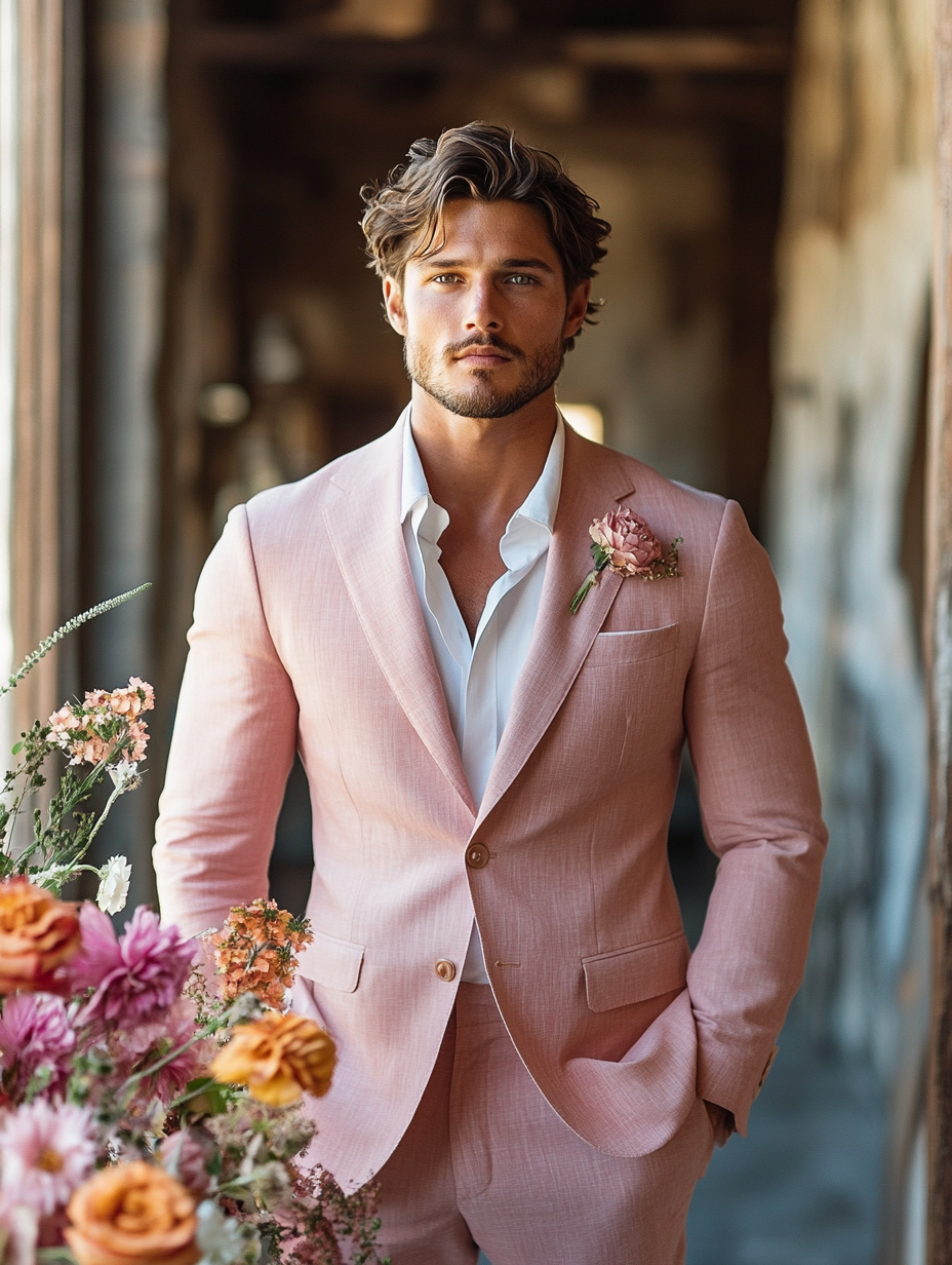 
young man standing in Light pink suit, playful and modern, perfect for summer weddings, bold yet soft color, ideal for daytime or casual events, relaxed and semi-formal, warm and stylish for the season