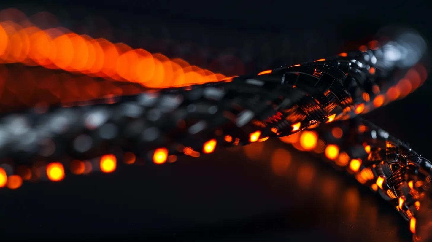 a close-up of a fibre optic cable with vibrant, illuminated strands, set against a dark backdrop to highlight the intricate cleaning tools and techniques used to maintain signal integrity and eliminate contamination.