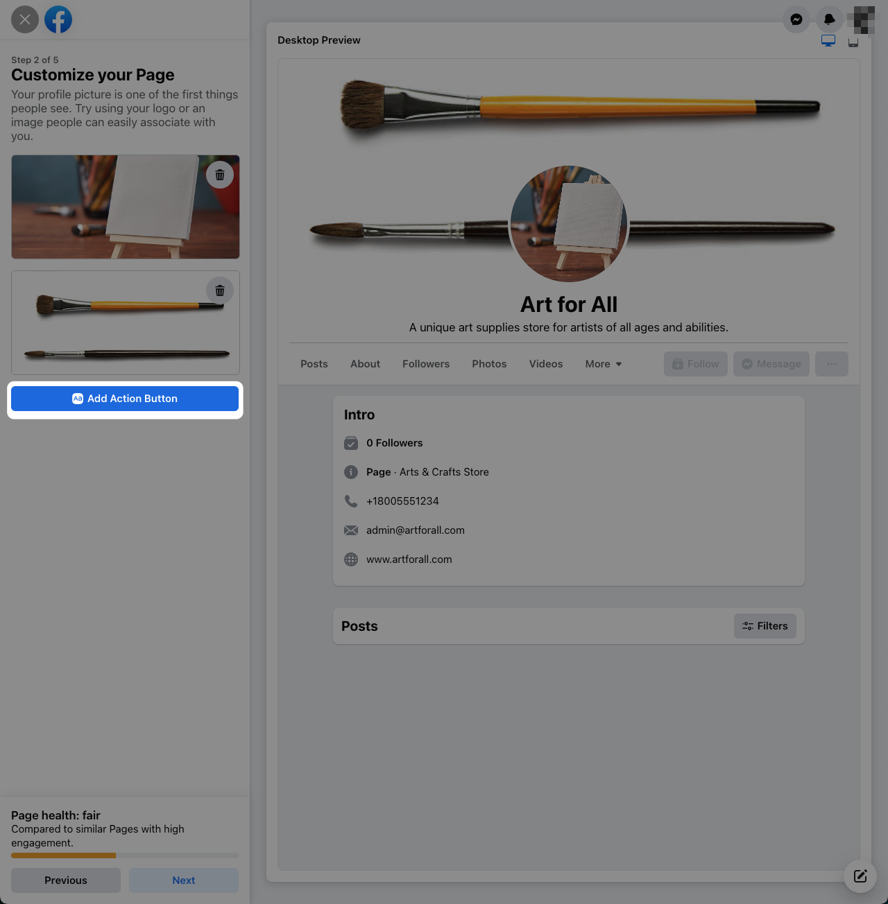 Screenshot showing the Add Action Button for Facebook business Page