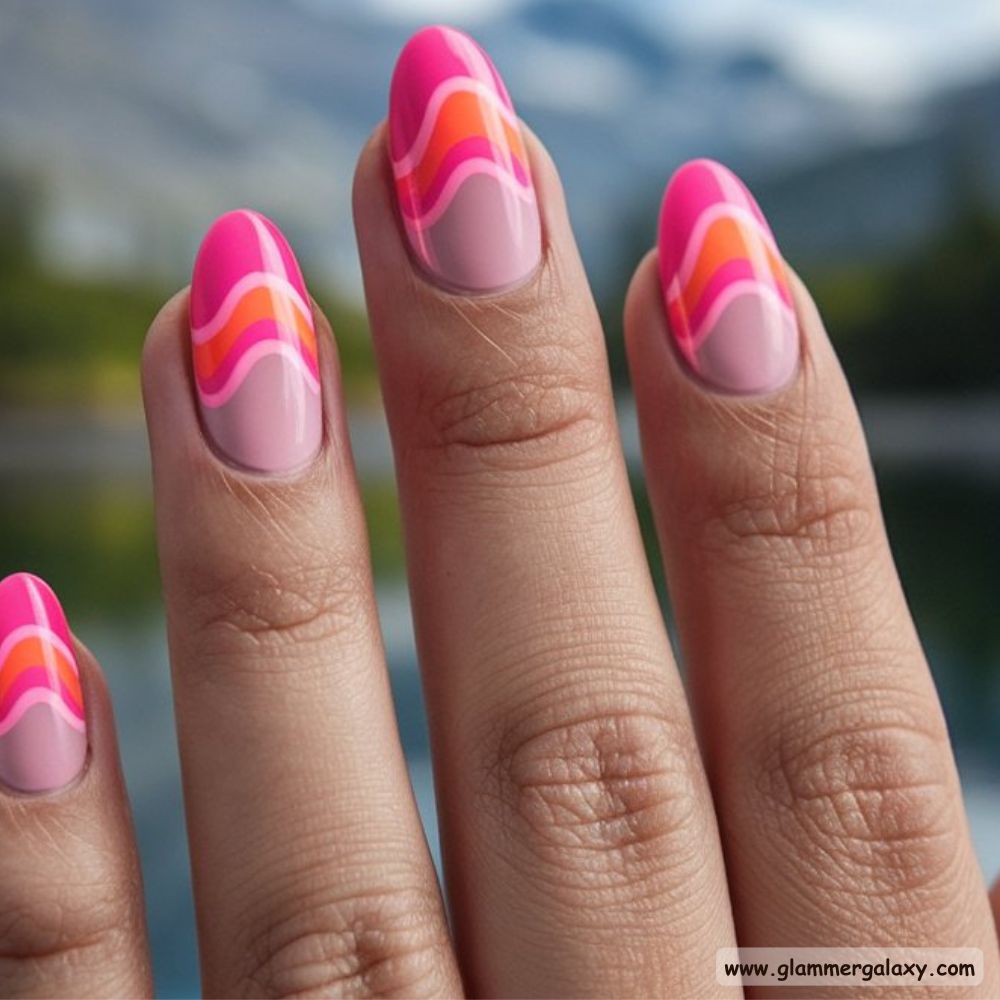 Orange and Pink Summer Nails with Energetic Neon Waves