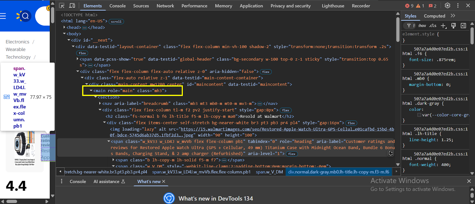 Using web development tools to locate div class where find the reviews data