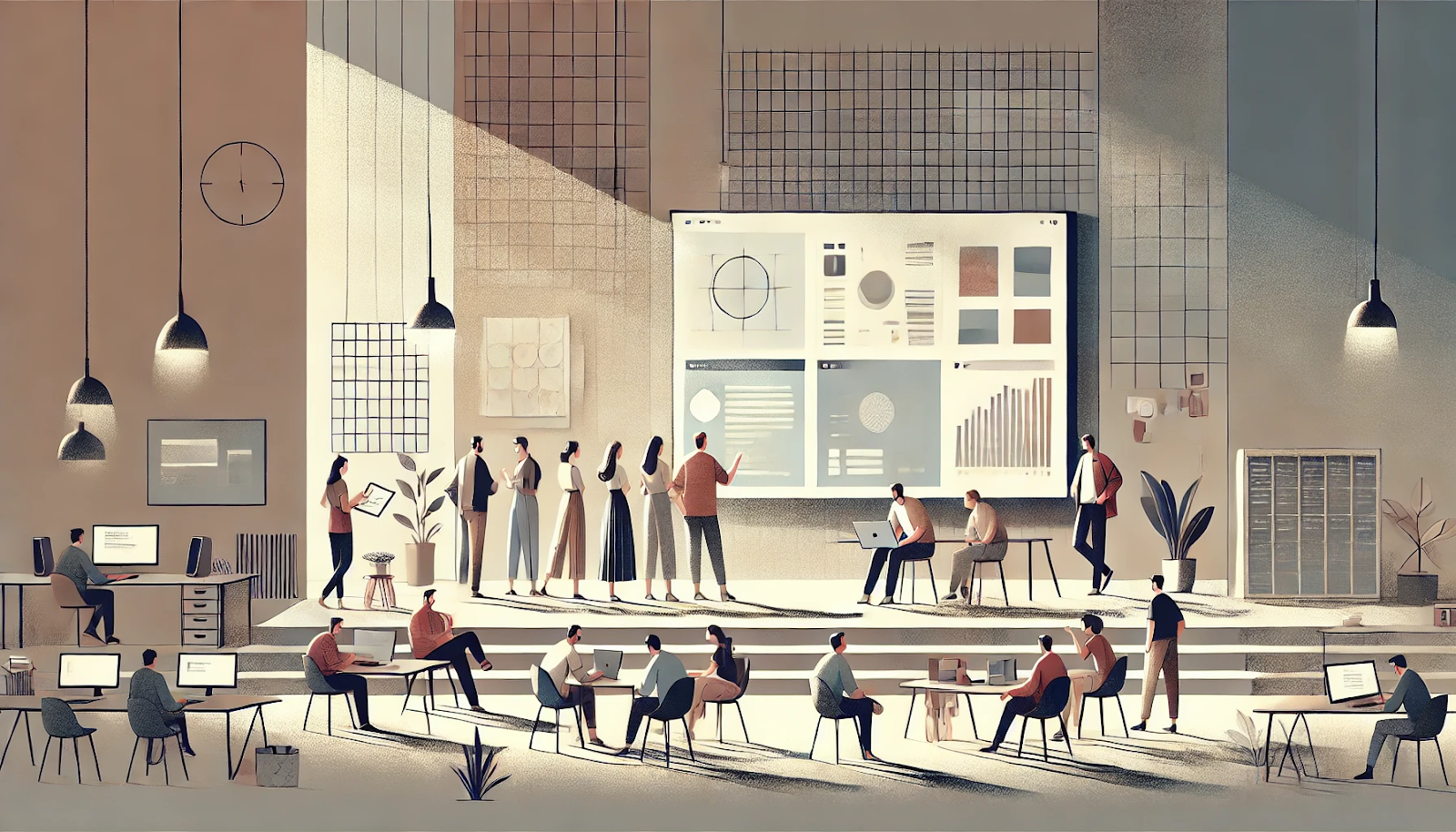 A big team of people looking at a project illustration