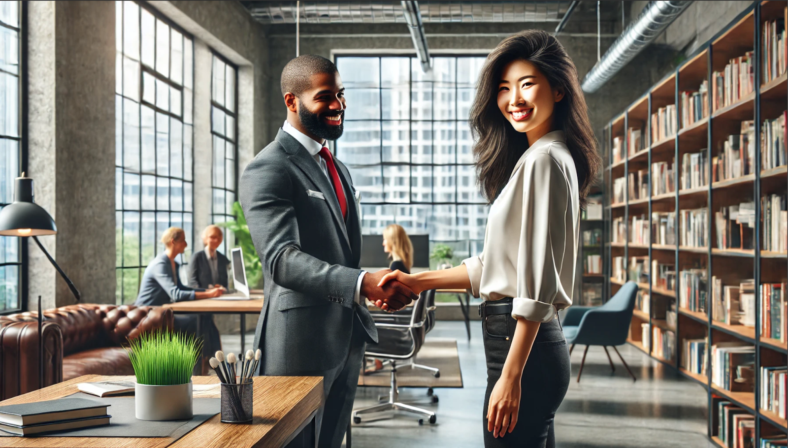 A professional setting where a well-dressed man in a suit and a woman in business casual attire shake hands, both smiling confidently. The modern office features large windows, natural light, industrial-style décor, and bookshelves lining the walls. Other professionals are seen working in the background, creating a collaborative and welcoming atmosphere.